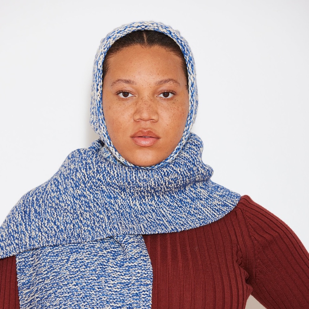 misha & and puff adult marl balaclava fisherman hood winter hat in blueberry